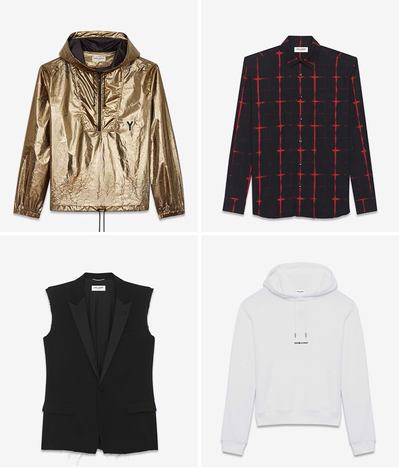 Left to right, top to bottom: Metallic Bronze Hooded Lightweight Anorak, Signature Black and Red Tie Dye Plaid Yves Collar Shirt, Classic Black Single-Breasted Sleeveless Jacket, White Saint Laurent Signature Hoodie