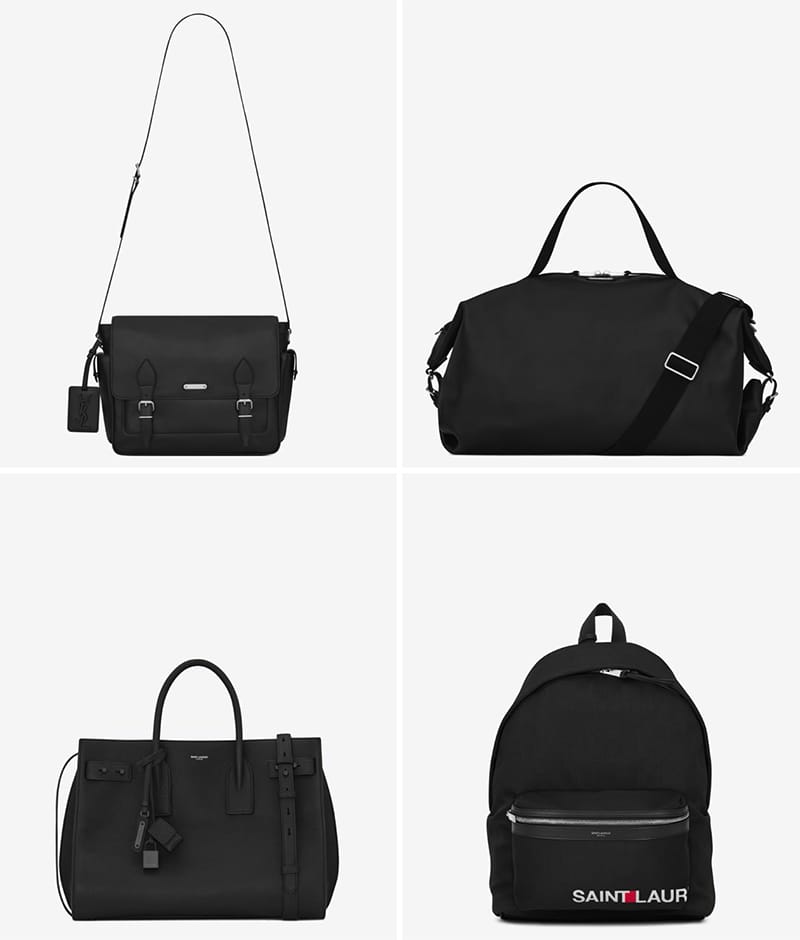 Left to right, top to bottom: ID Messenger Bag in Black, Large ID Convertible Bag in Black Leather, Medium Supple Sac de Jour Bag in Black, Giant City Saint Laurent Print Backpack in Black