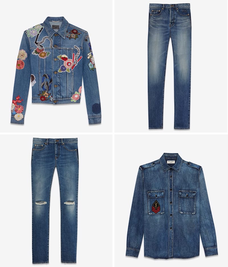 Left to right, top to bottom: Embroidery Jean Jacket, Vintage Blue Embroidered Low Wasted Slim Jean, Ripped Denim Jeans, Military Patch Denim Shirt