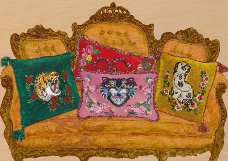 Velvet cushions from the Gucci Décor collection feature motifs including the Angry Cat, tiger head and Kingsnake. The embroidery and hand-application takes approximately 10 hours to complete.