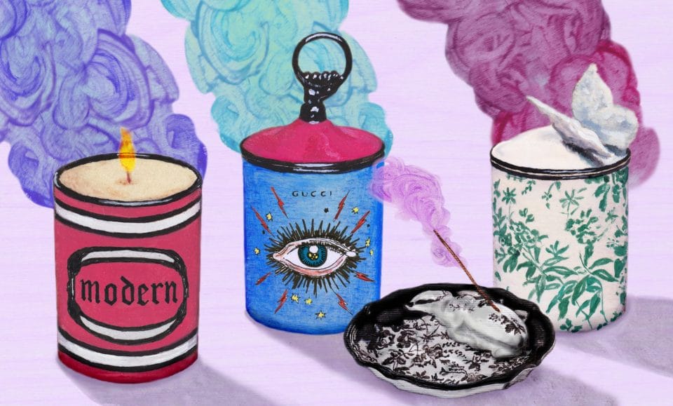 Crafted from porcelain and produced by Richard Ginori, a renowned Florentine company founded in 1735, the Gucci Décor scented candles and incense burners are adorned with the house’s motifs. Gucci’s Herbarium print, inspired by a vintage fabric, also appears on porcelain mugs and scented candles.