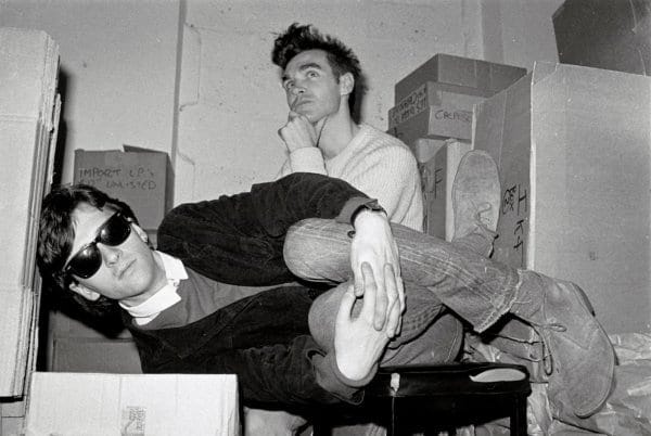 LONDON - 1st JANUARY: Johnny Marr (left) and Morrissey from The Smiths pose together in the store room of Rough Trade records in London in 1983. (Photo by Clare Muller/Redferns)