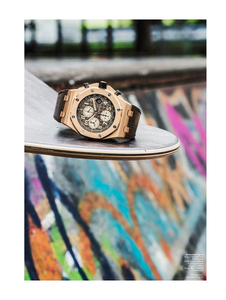 Audemars Piguet Royal Oak Offshore Selfwinding Chronograph 42mm in pink gold with alligator leather strap; Dior Homme Skateboard